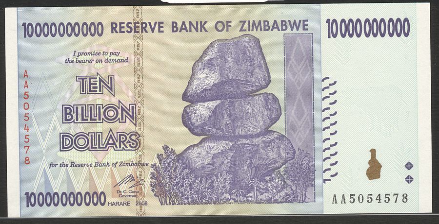 2008 Reserve Bank of Zimbabwe $10,000,000,000 Note (Ten Billion Dollars), GemCU